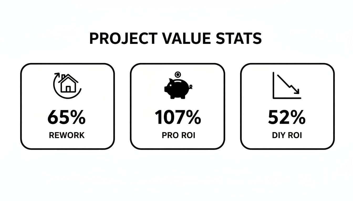Project value statistics displaying rework, professional return on investment, and DIY return on investment percentages.