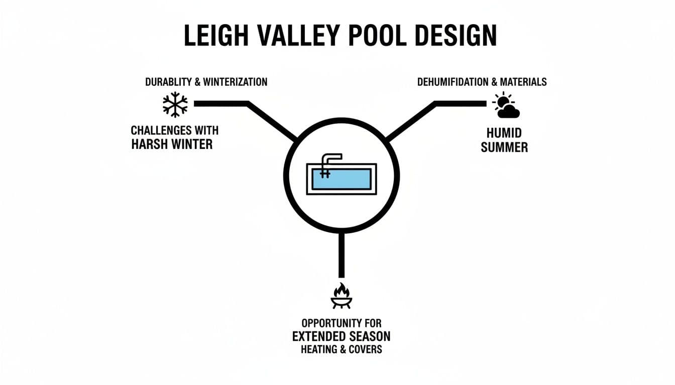 Diagram illustrating Lehigh Valley pool design considerations, addressing winter challenges, humid summers, and extended season opportunities.