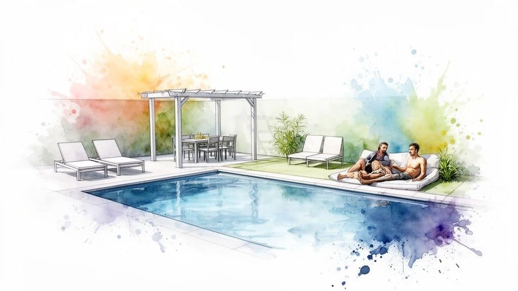 Watercolor illustration of a vibrant backyard pool area with a family relaxing, lounge chairs, and a dining pergola.