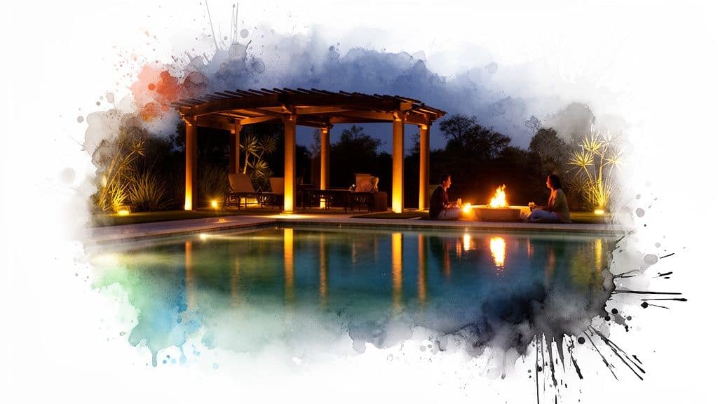 Luxurious outdoor pool area at night with a lit pergola, fire pit, and two people relaxing.
