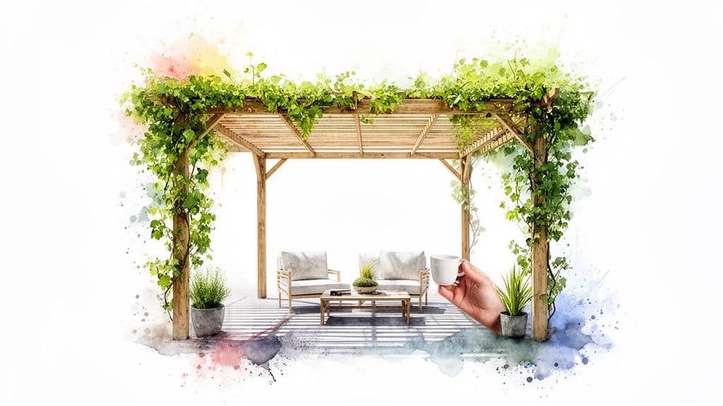 Watercolor illustration of a wooden pergola covered in green vines, with outdoor furniture and a hand holding a mug.