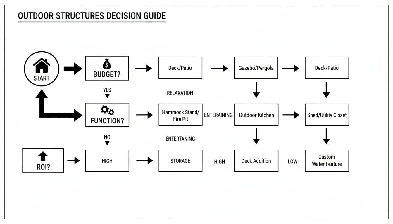 Flowchart illustrating an outdoor structures decision guide based on budget, function, and ROI.