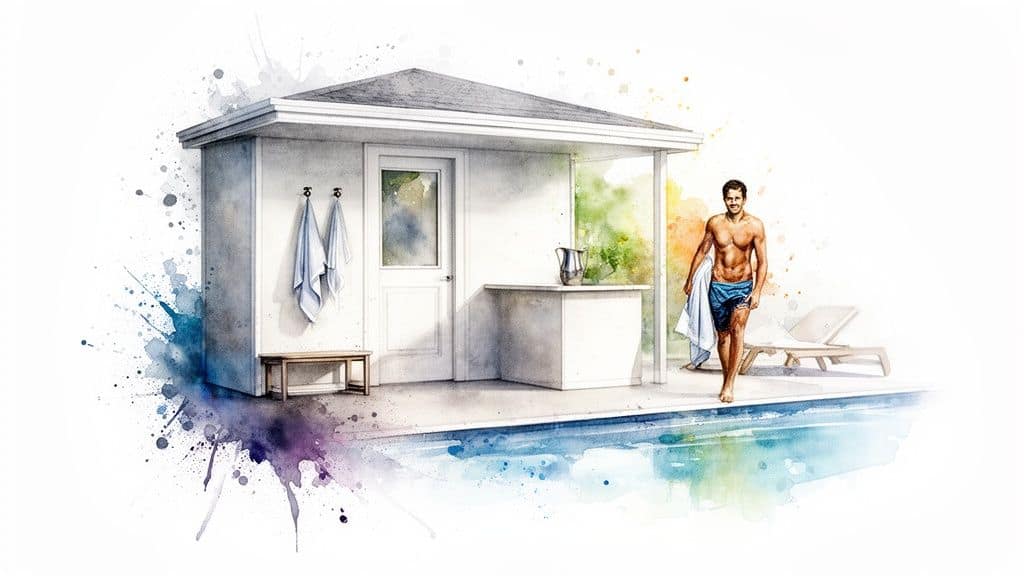 A watercolor illustration of a man walking from a modern pool house towards a swimming pool.