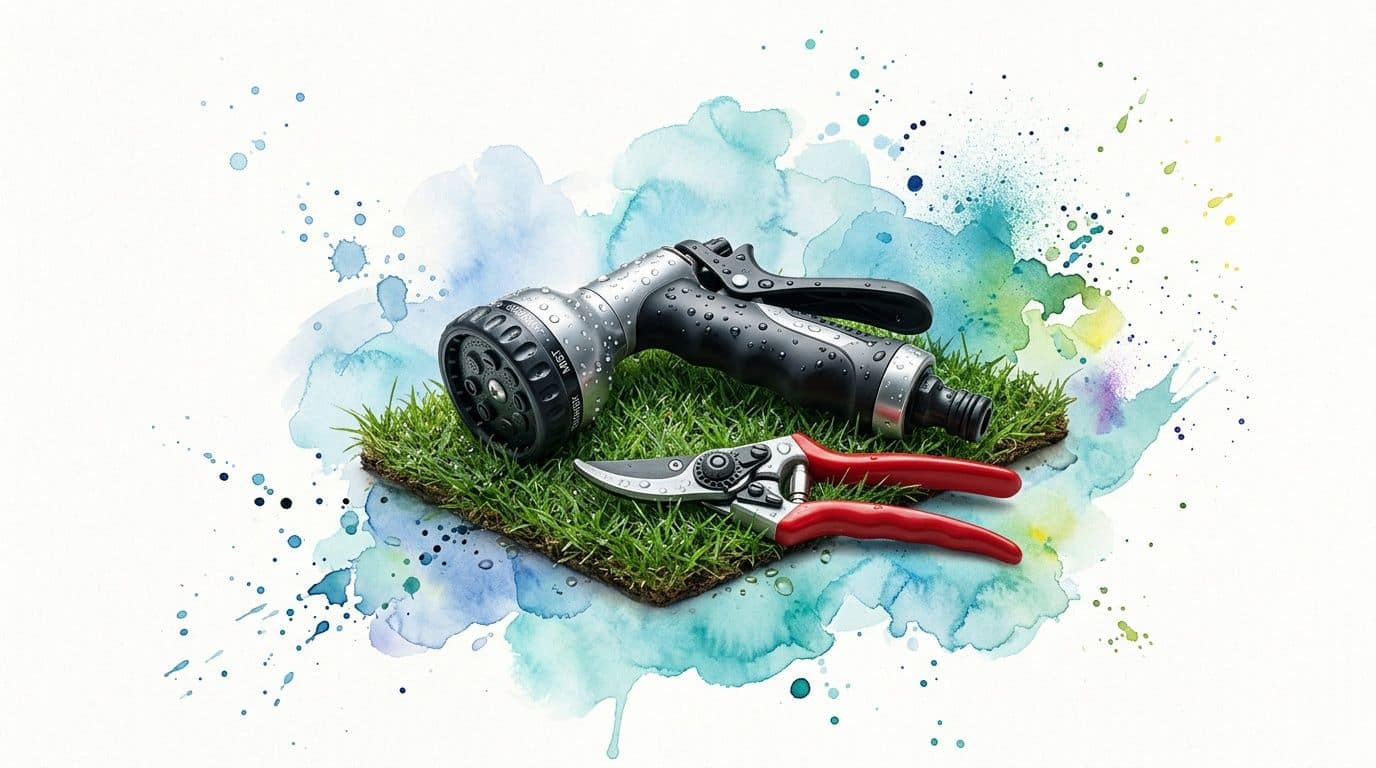 A garden spray nozzle and pruning shears resting on a small square patch of green sod grass.
