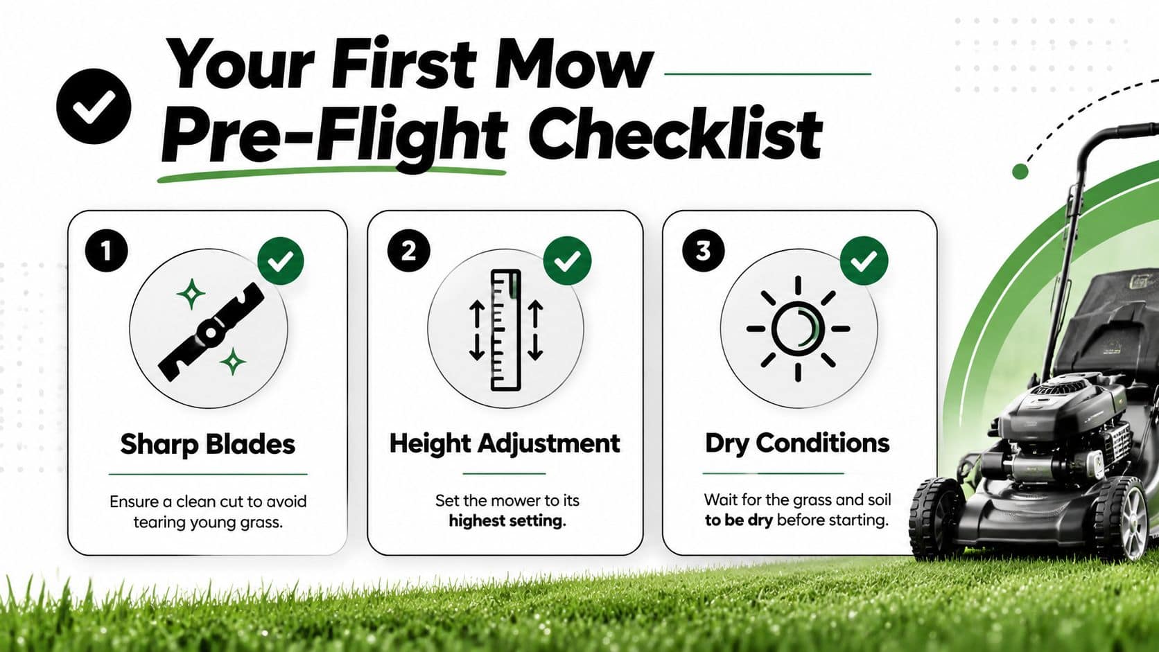 A pre-flight checklist for mowing new sod, emphasizing sharp blades, height adjustment, and dry lawn conditions.