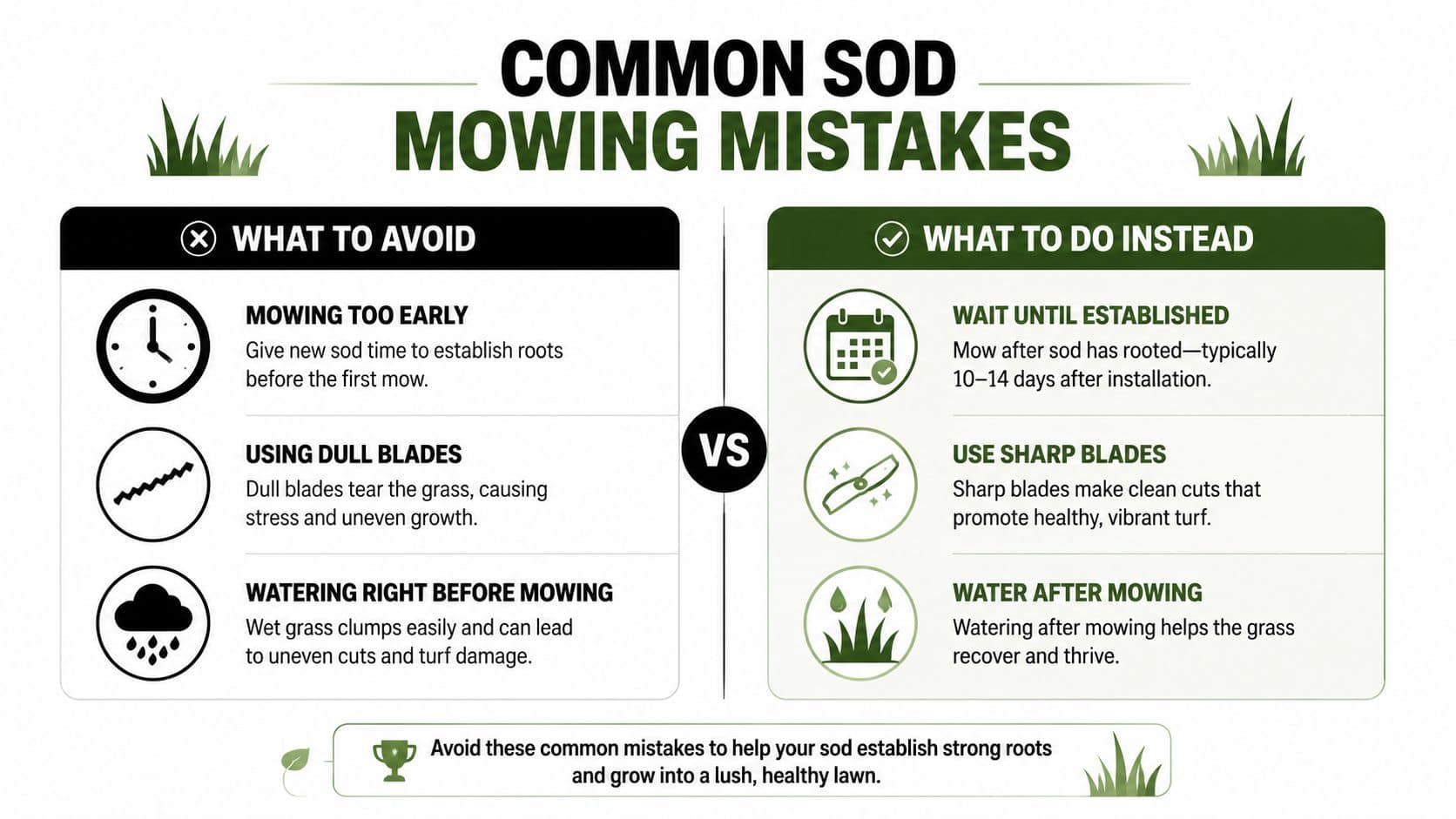 A comparison chart showing common sod mowing mistakes and the correct practices to follow for healthy grass.