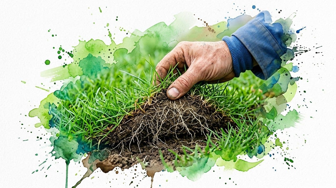 A close-up view of a hand touching fresh green sod and soil to check root establishment.