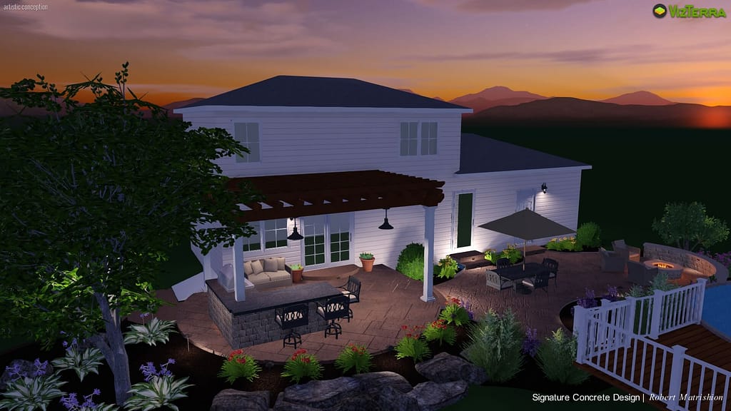 Tiered paver patio and landscape design around an above-ground pool in Allentown, PA with curved hardscaping and planting beds