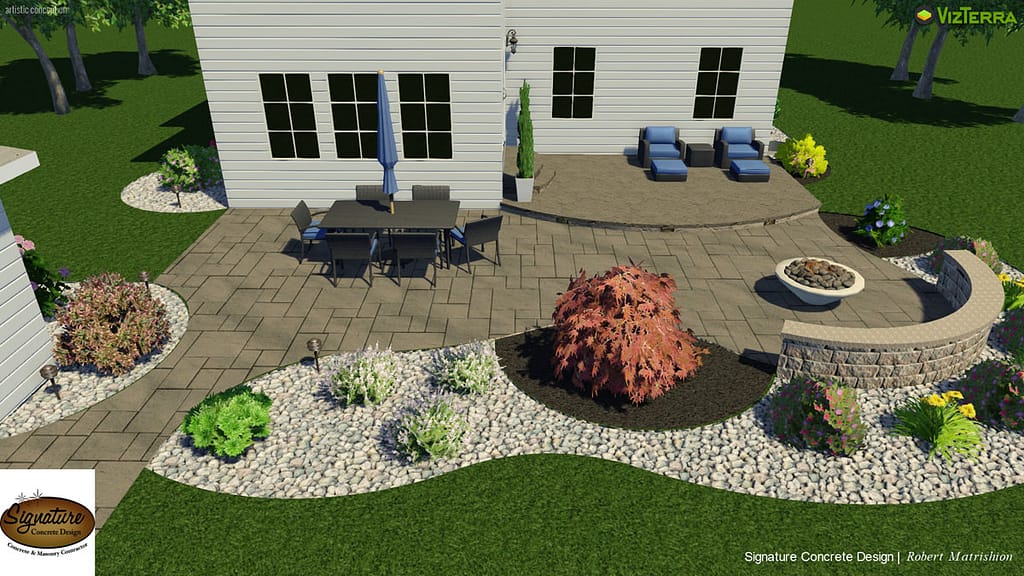 Custom stamped concrete patio with fire pit and landscaped backyard in Easton PA