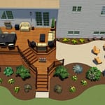 Backyard deck and patio design with firepit