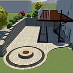 Large retaining wall design with paver patio and fire pit