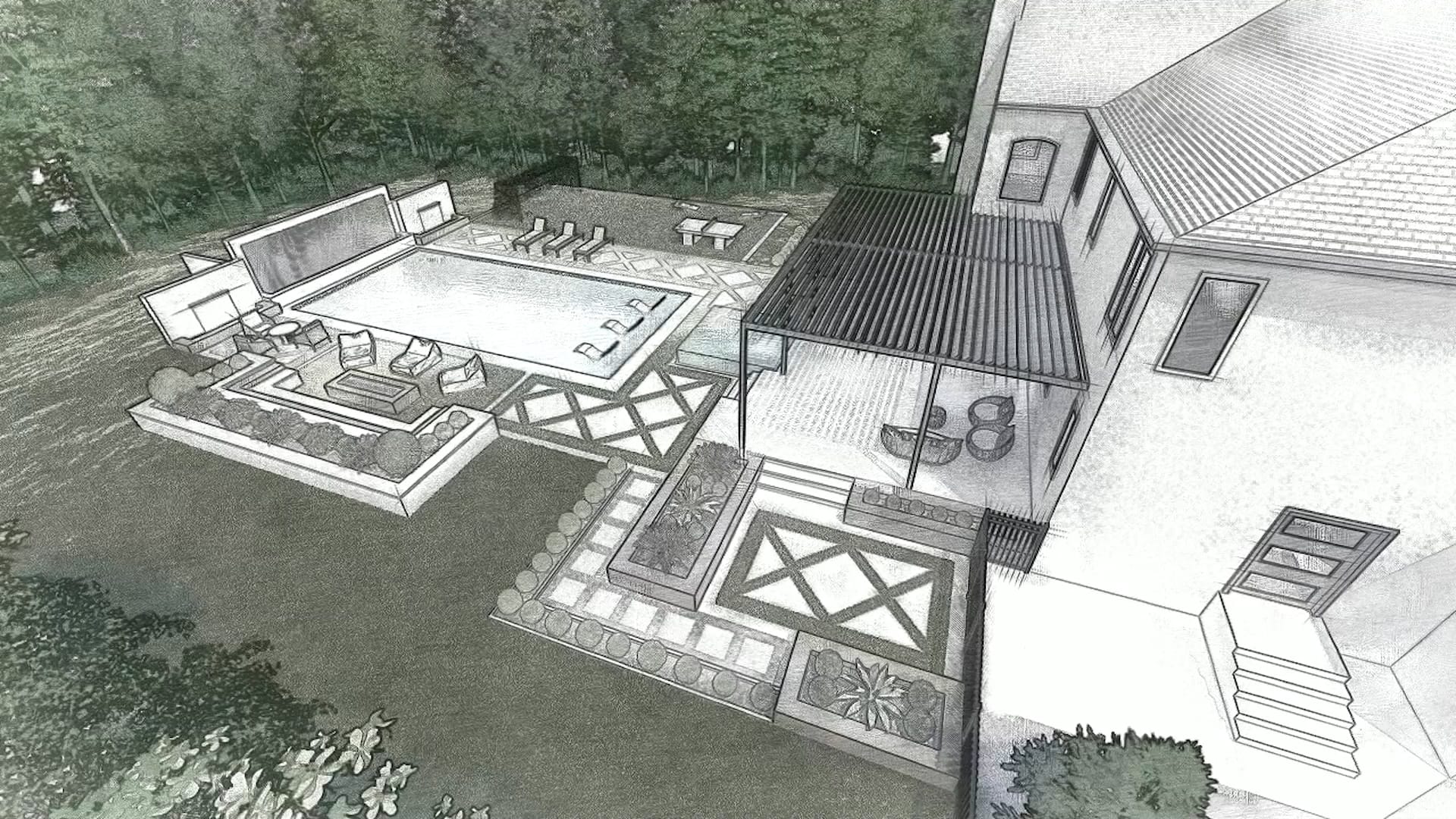 Architectural rendering of a modern backyard pool with lounge areas, patio, and landscaping