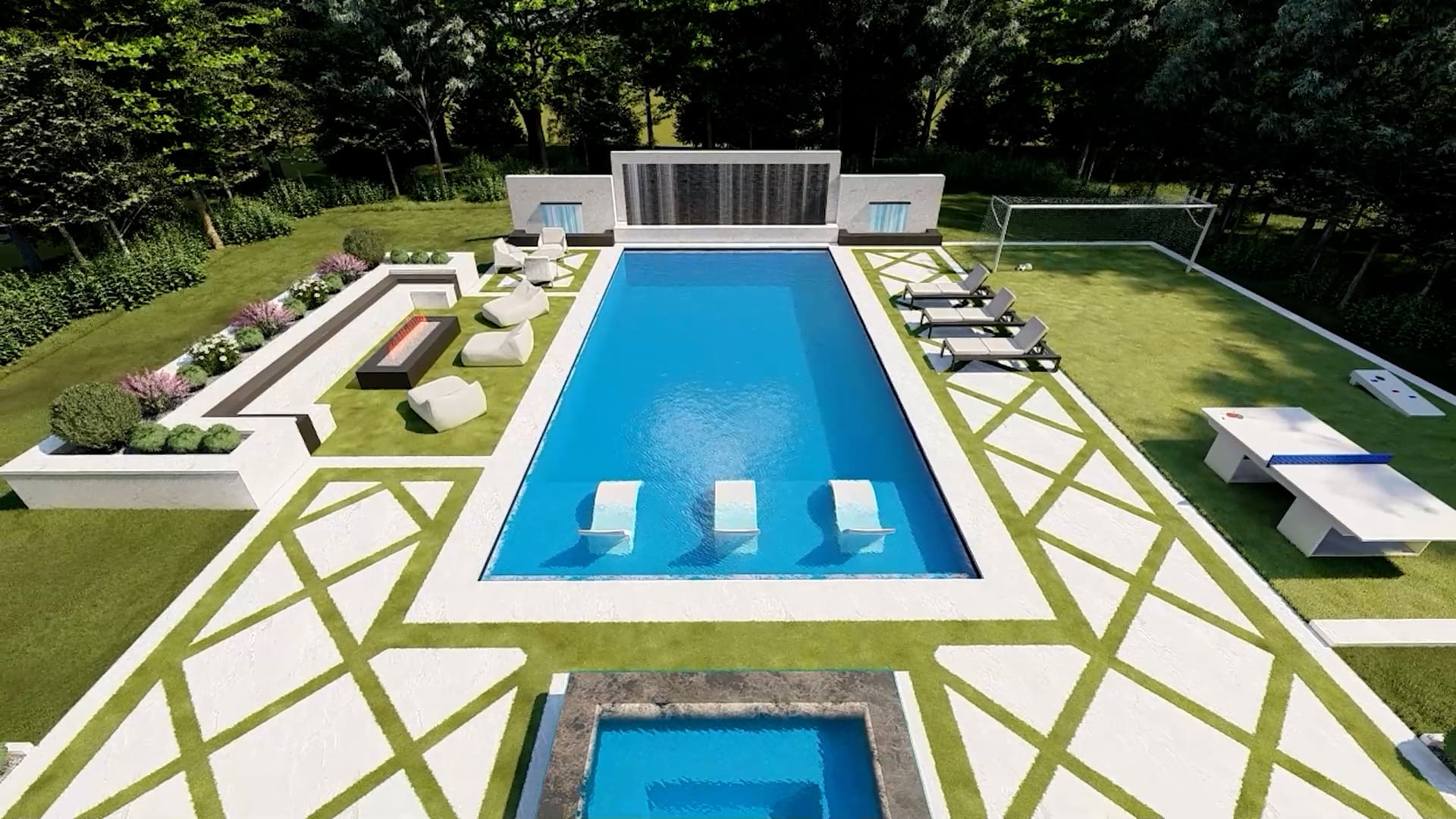 3D rendering of a luxurious backyard design featuring a rectangular pool with submerged loungers, a spa, fire pit seating area, sun loungers, and geometric landscaping