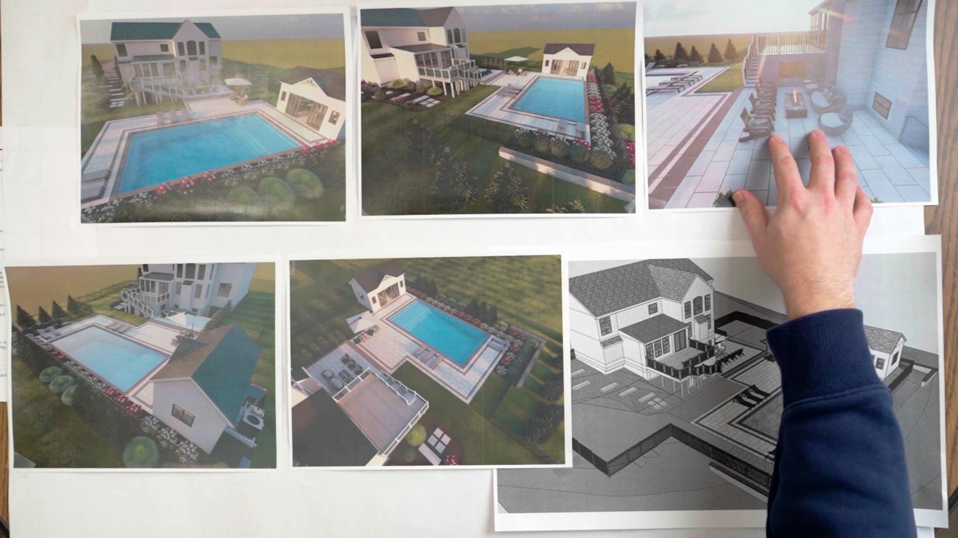 Six perspectives of a pool design in 3D render format