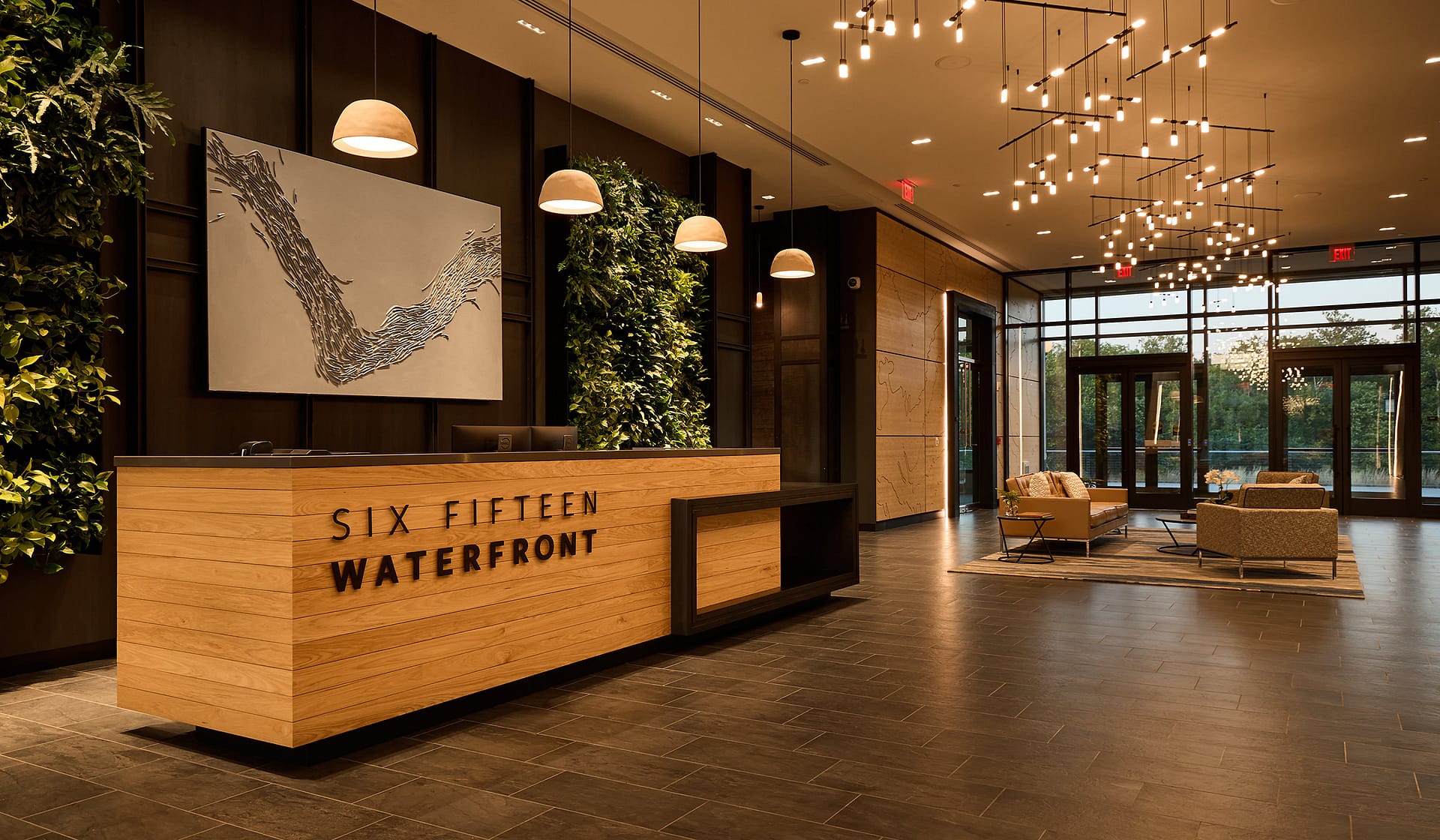 615 Waterfront reception and living wall in warm evening light at The Waterfront in Allentown