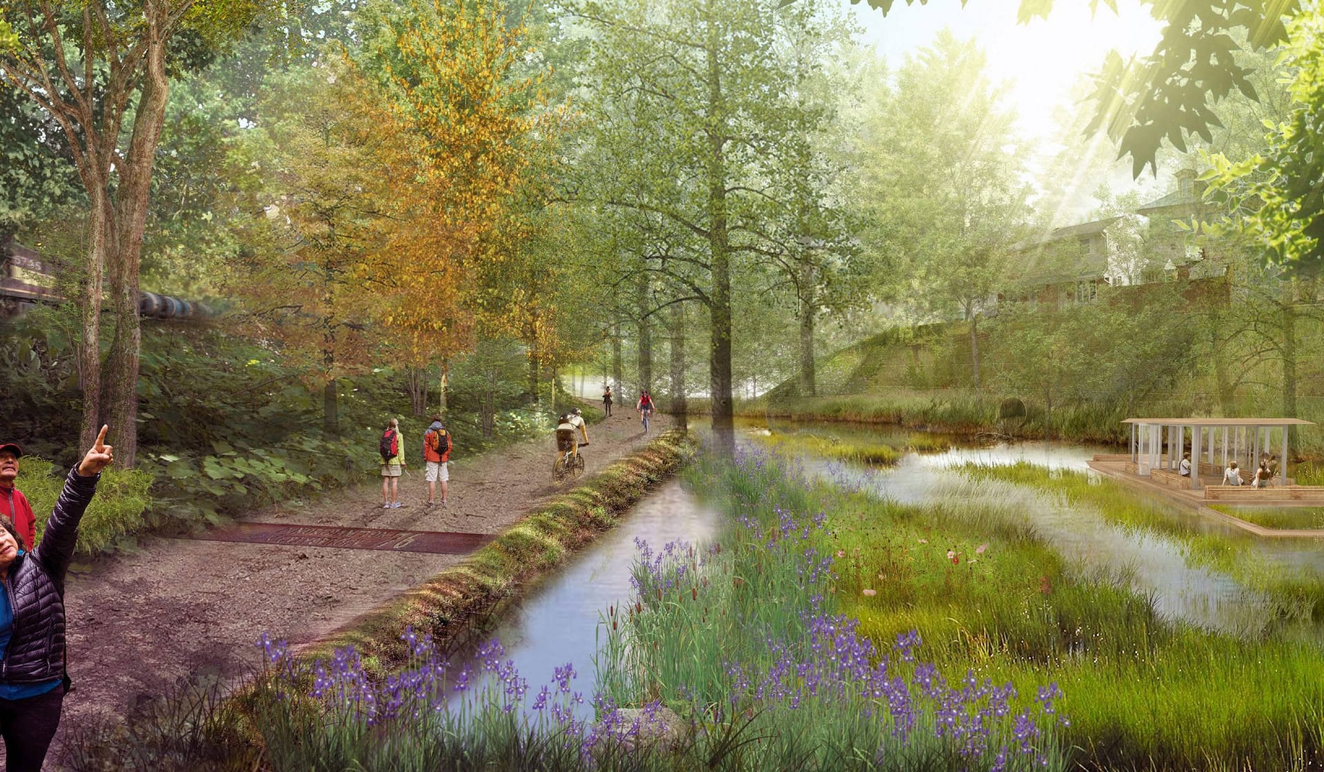 Rendering of Riverside Drive, a future phase at The Waterfront with a wooded creekside trail
