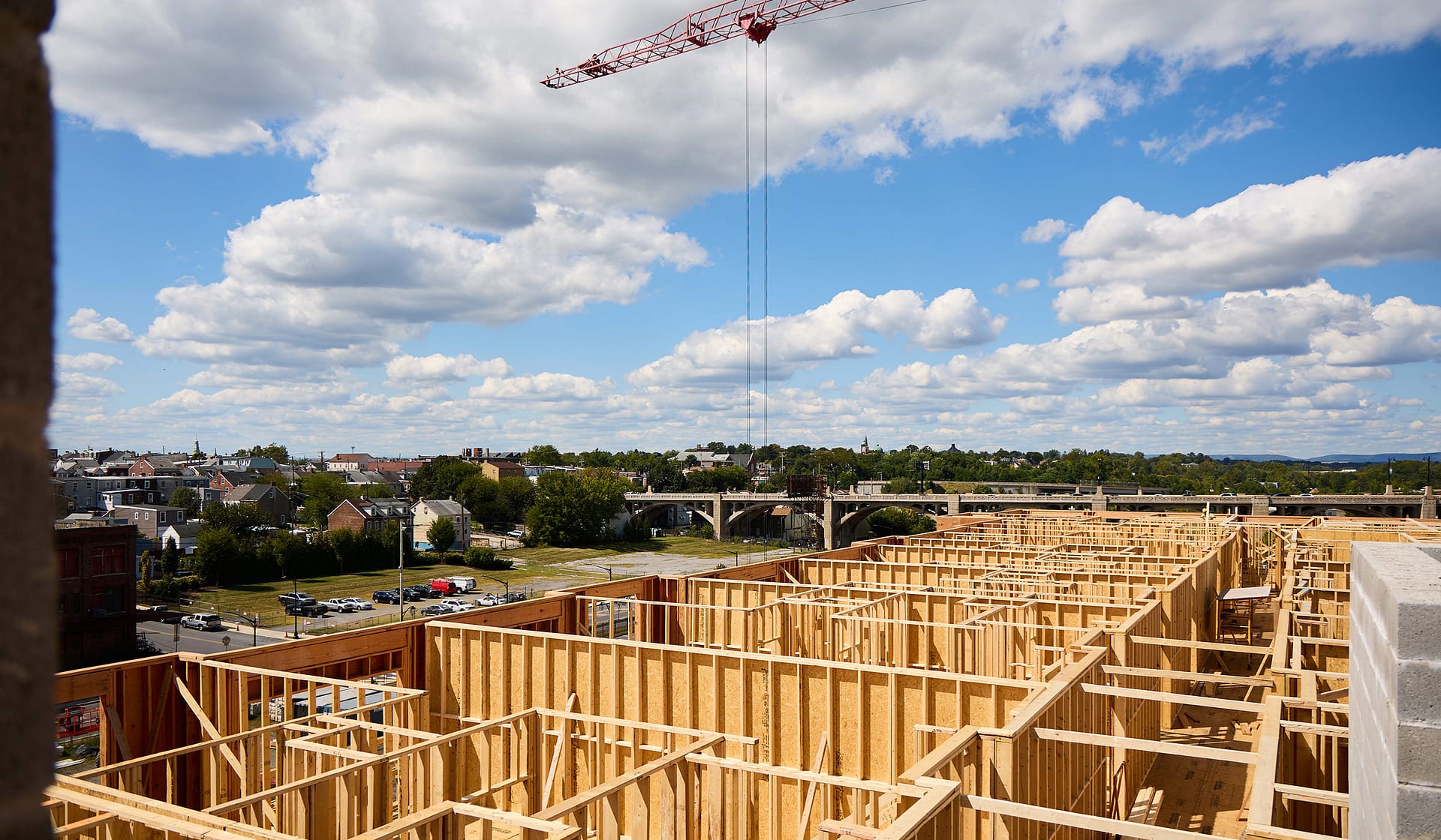 Panoramic view across the framed courtyard of River House at The Waterfront