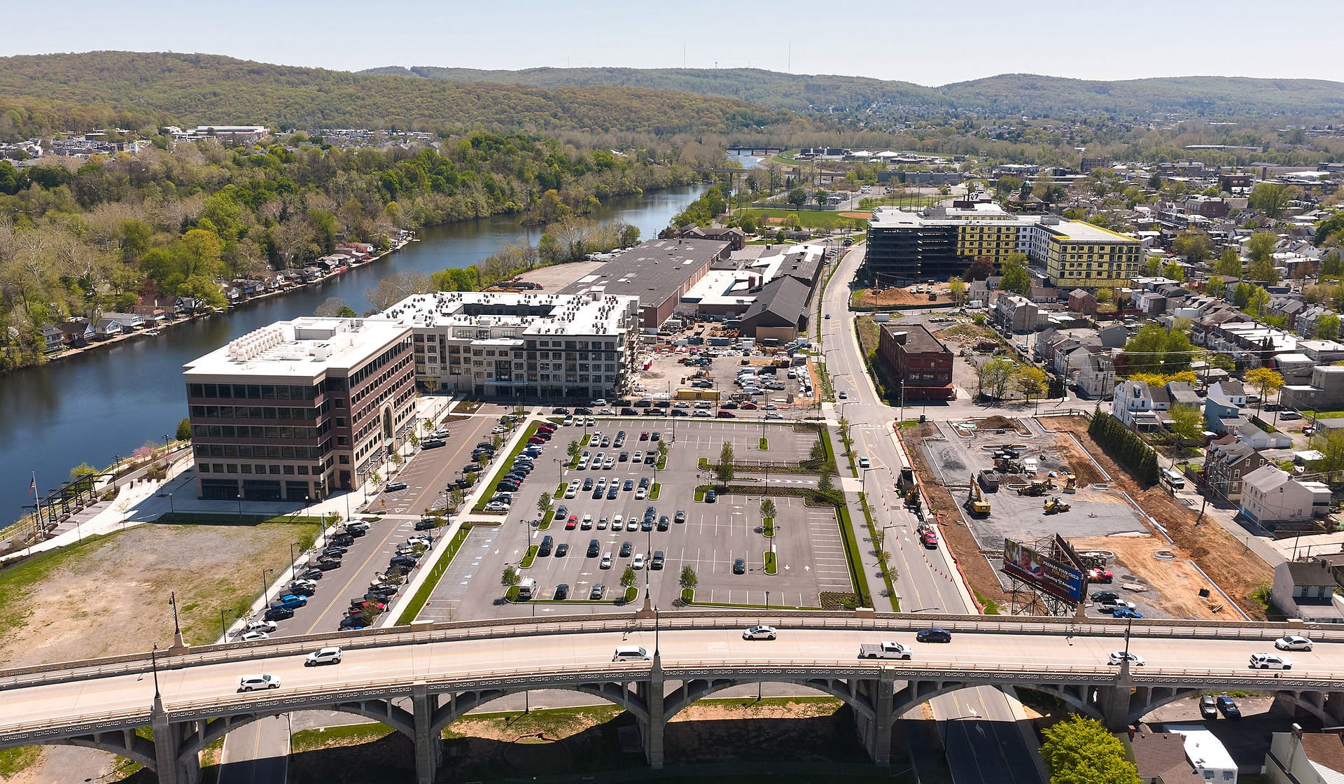 Drone view of The Waterfront district in Allentown with River House complete