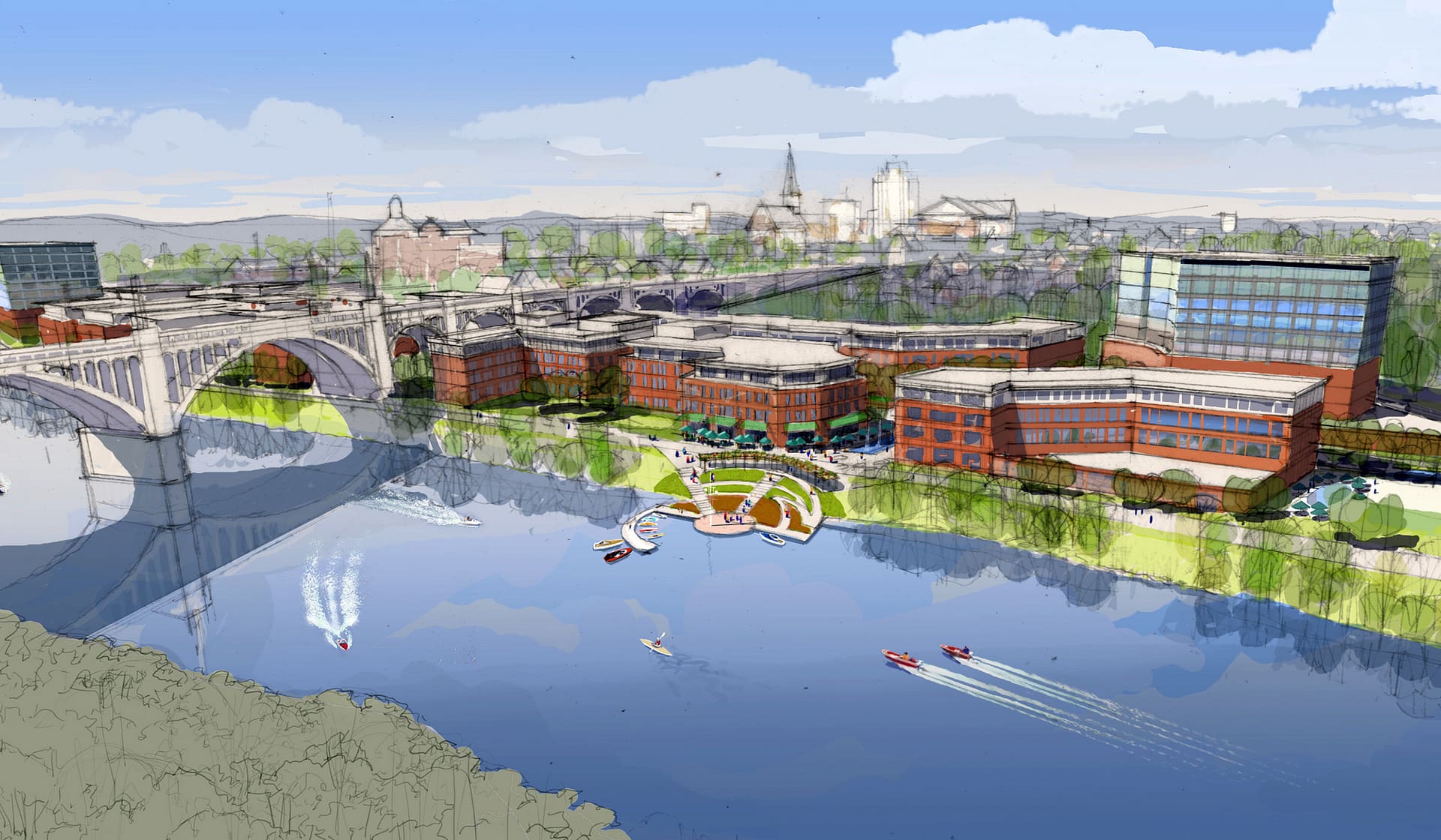 Illustrated master plan rendering of The Waterfront along the Lehigh River in Allentown, Pennsylvania