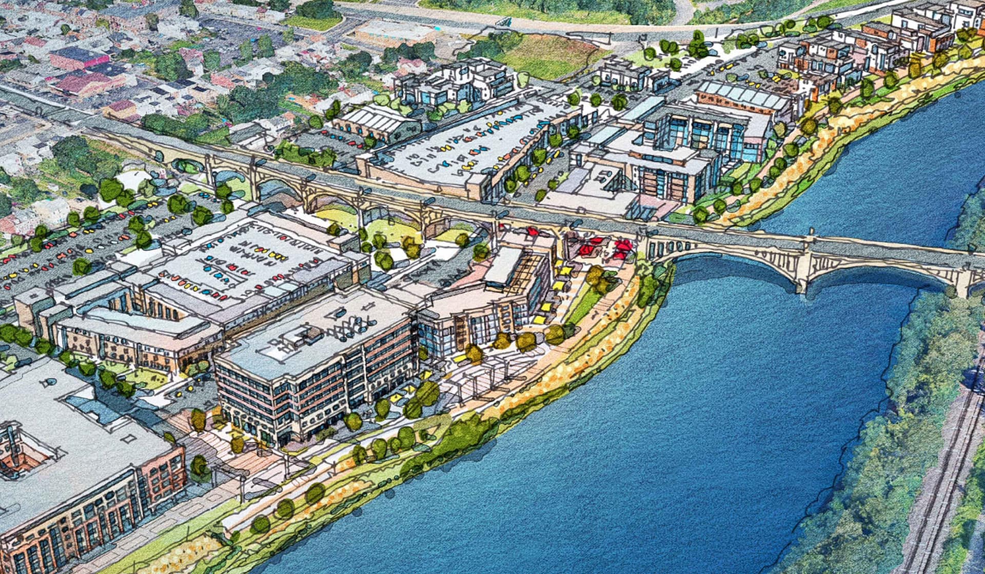 Aerial illustrated rendering of The Waterfront master plan beside an arched Lehigh River bridge