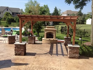 outdoor fireplace, pool deck