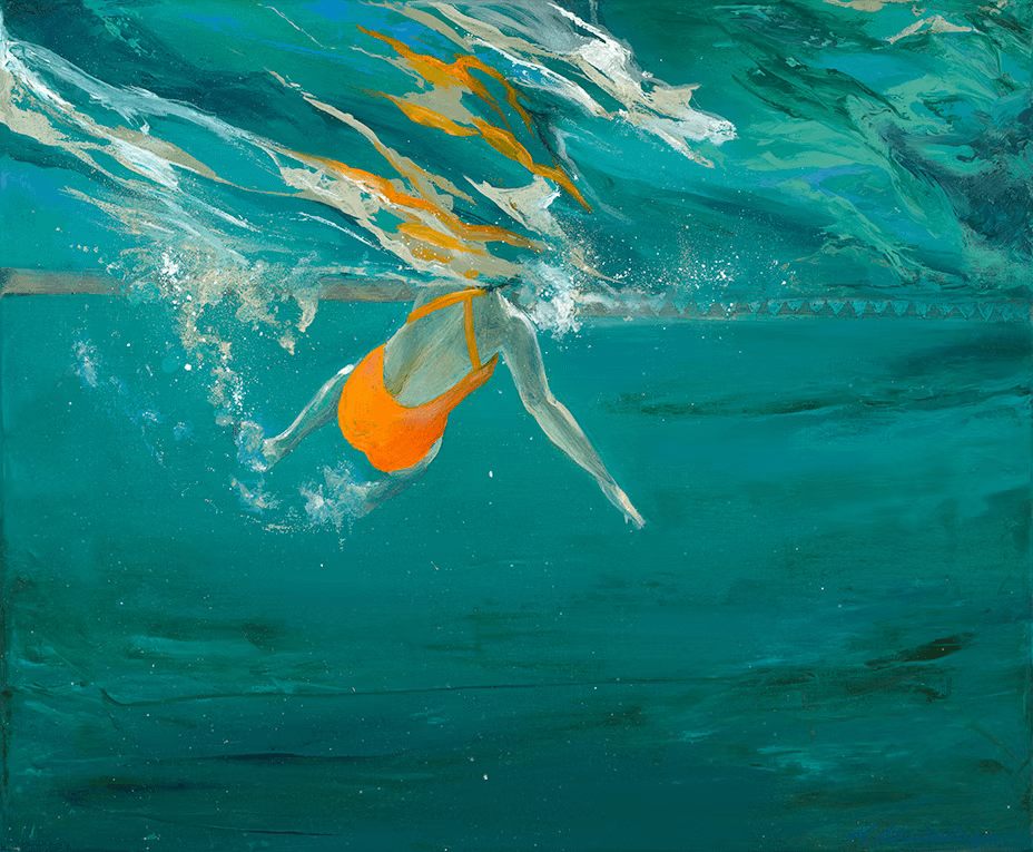 Garibaldi by Kathleen Streitenberger. She lays oil paint on canvas, using a palette knife to capture the water’s reflections and a swimmer’s movement through the water.